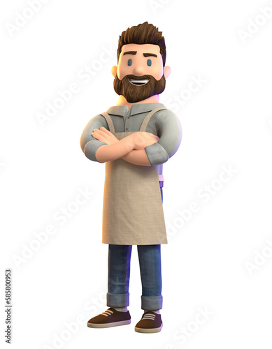 Smiling barista or small business owner or entrepreneur with crossed arms showing success 3d illustration, 3d character