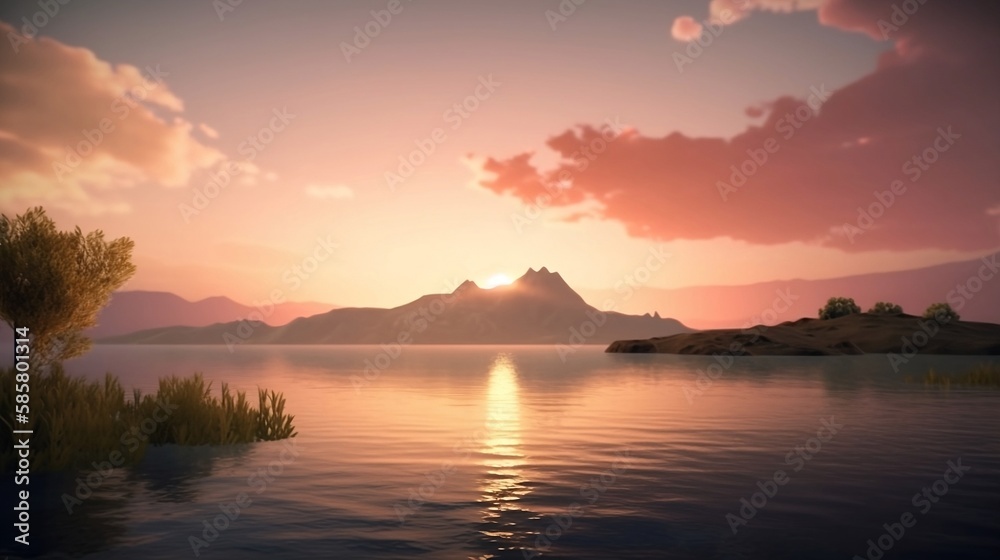 Fototapeta premium Mountains landscape with island at sunset. Created using generative AI