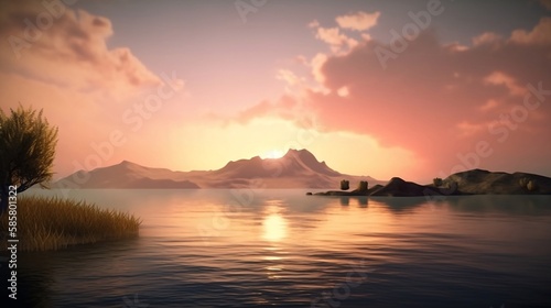 Mountains landscape with island at sunset. Created using generative AI