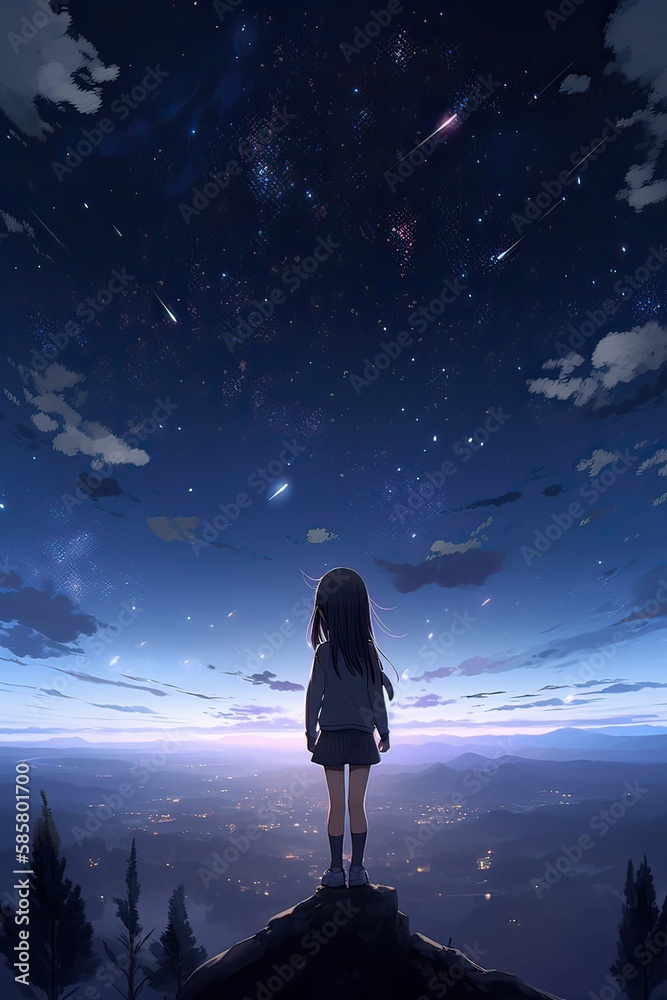 illustration of A Girl standing over the city and looking at the Moon and stars over the city horizon. Generative Ai. illustration of A Girl standing over the city and looking at the Moon and stars over the city horizon. Generative Ai.