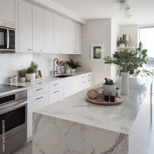 A sleek modern kitchen featuring white colors and a vibrant plant accent  created by AI.