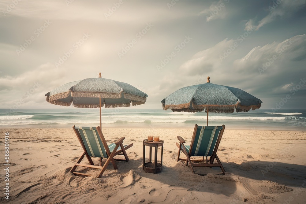 Beach chairs on the white sand beach with cloudy blue sky and sun. Chairs and umbrella on a beautiful tropical beach. Generative Ai.