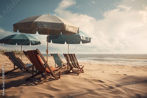 Beach chairs on the white sand beach with cloudy blue sky and sun. Chairs and umbrella on a beautiful tropical beach. Generative Ai. © Kowit