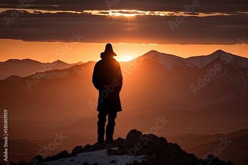 a lone man, silhouetted against the setting sun, gazing out at the horizon from atop a mountain peak, created with generative ai photo