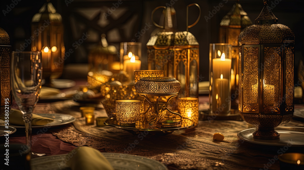 A Iftar table decorated in golden tones, with glowing candles and lanterns