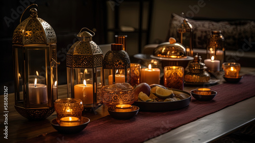 A photo of a Iftar table decorated in golden tones  with glowing candles and lanterns