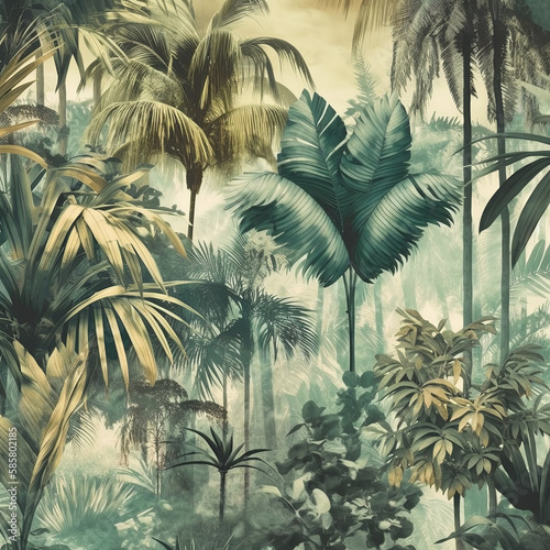 Palm jungle landscape background, Generative AI