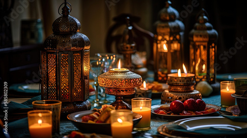 The golden glow of Ramadan. Iftar table with candles and lanterns