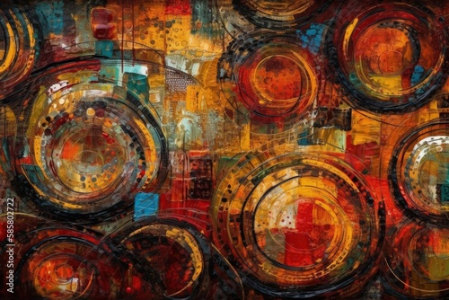 an abstract painting with circular shapes on a warm brown background. Generative AI