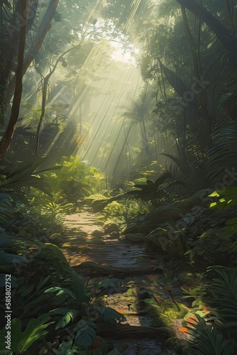 Forest in the morning in a fog in the sun, trees in a haze of light, glowing fog among the trees. Generative Ai. © Kowit