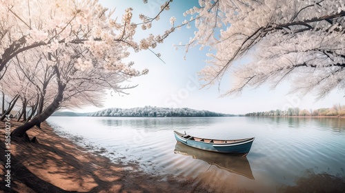 Tourists rowing boats on a lake under beautiful cherry blossom trees. Generative Ai.