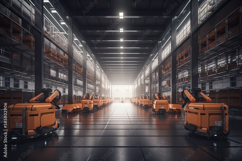 Autonomous Robot transportation in warehouses, Warehouse automation concept. Generative Ai.