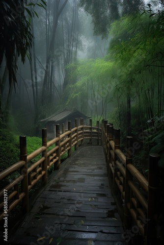 Scenery of Bamboo forest in spring surrounded by silence. Path to bamboo forest. Generative Ai.