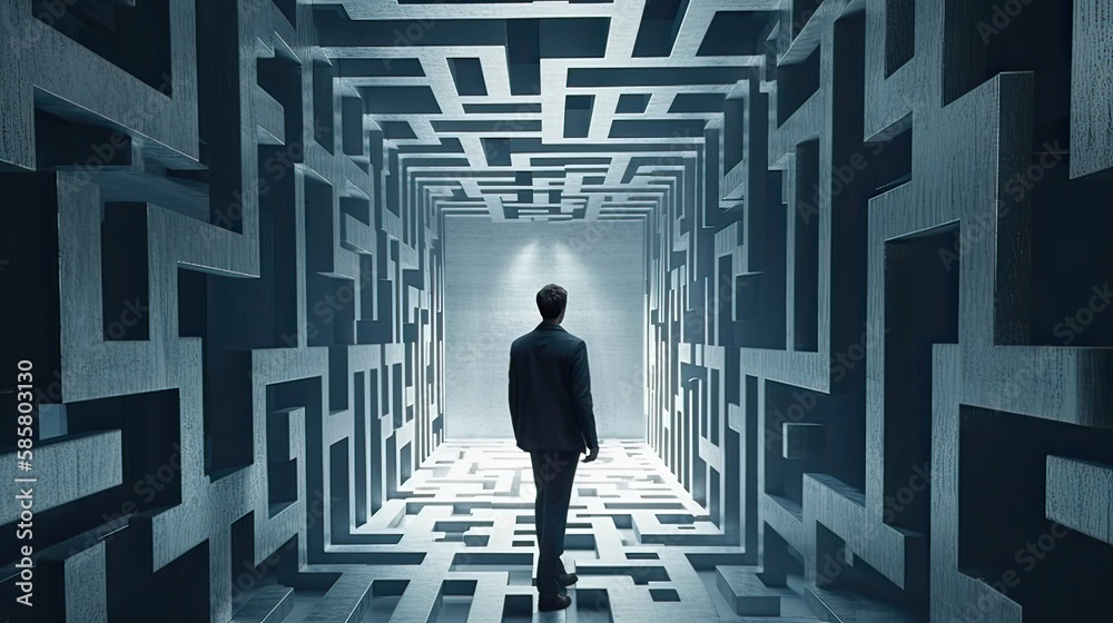 Rearview the businessman walking toward to concrete Maze. Businessman in front of a vast maze. Business and life concept. Generative Ai. Rearview the businessman walking toward to concrete Maze. Businessman in front of a vast maze. Business and life concept. Generative Ai.