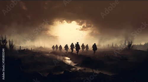 silhouette group of thai soldiers special forces full team in uniform walking action through smoke fire orange and holding gun on hand over lighting background. Generative Ai.