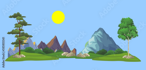 illustration of tree, rass and hills with background of the moon in the blue sky