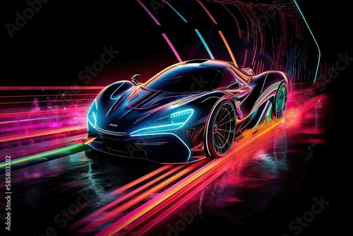 Futuristic Sports Car On Neon Highway. Powerful acceleration of a supercar on a night track with colorful lights and trails. 3d illustration. Generative Ai.