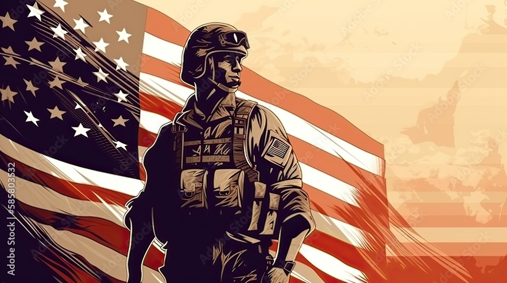 illustration of USA army soldier with nation flag. Greeting card for Veterans Day , Memorial Day, Independence Day . America celebration. Generative Ai. illustration of USA army soldier with nation flag. Greeting card for Veterans Day , Memorial Day, Independence Day . America celebration. Generative Ai.