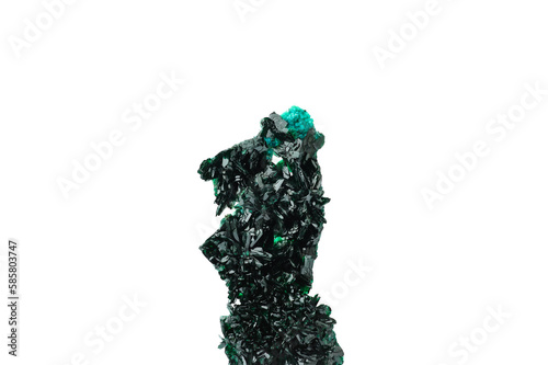 atacamite green crystal isolated on white background. macro detail texture background. close-up raw rough unpolished semi-precious gemstone photo