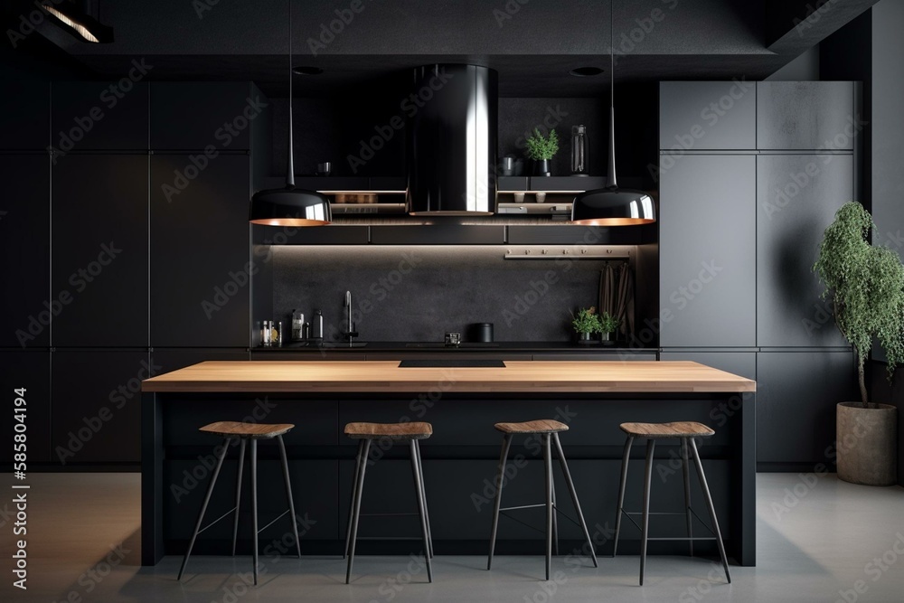 Front view of a large, all black kitchen with dark gray worktops, an