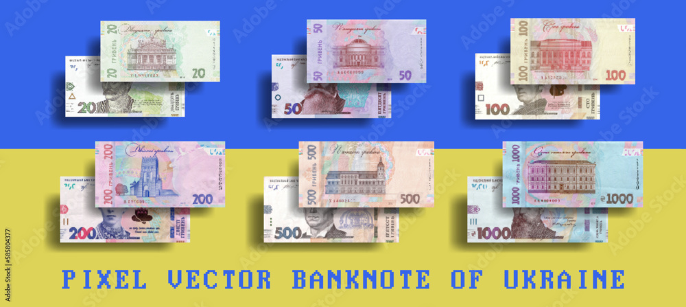 Vector pixel mosaic banknotes of Ukraine. Notes in denominations of 20, 50, 100, 200, 500 and 1000 hryvnia. Ukrainian bills.