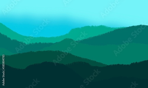 Illustration of beautiful dark green mountain landscape with sky and forest. Sunrise and sunset in the mountains. © LADIE_PASTEL