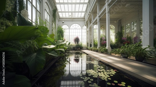 A serene white botanical garden interior featuring calming water elements, created by AI.