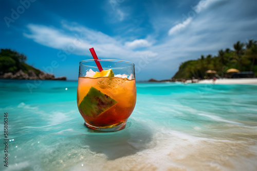 Tropical cocktail on the beach with blue sky and ocean background. Generative AI technology. 