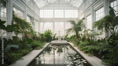 A serene white botanical garden interior featuring calming water elements, created by AI. © qntn