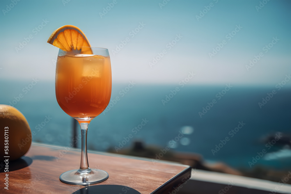 Cocktail with orange and straw on the background of the sea and blue sky. Cocktail on the terrace of a restaurant on the beach. Generative AI technology. 