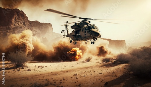 Tela military chopper crosses crosses fire and smoke in the desert, wide poster desig