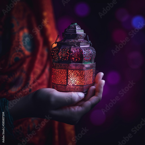 Lantern on the palm of hand islamic eid greetings background