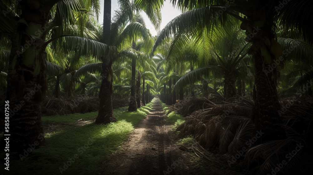 Palm trees in a tropical forest with a road in the middle, Generative AI Palm trees in a tropical forest with a road in the middle, Generative AI