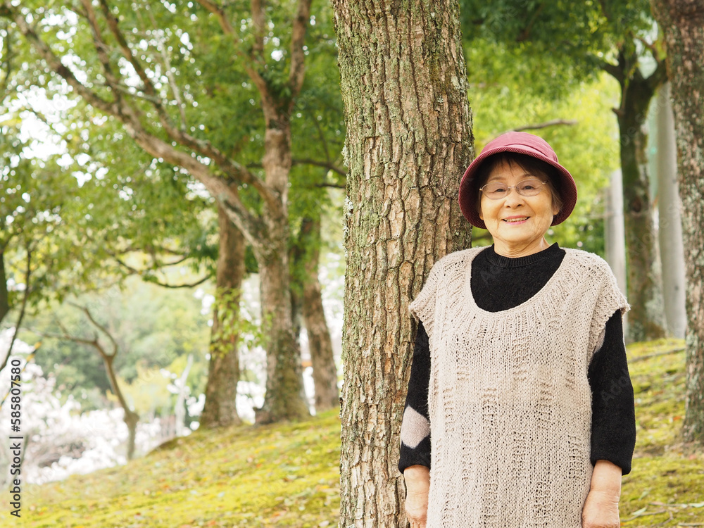 Fototapeta premium 大きな木にもたれて笑顔で立つ高齢日本人女性