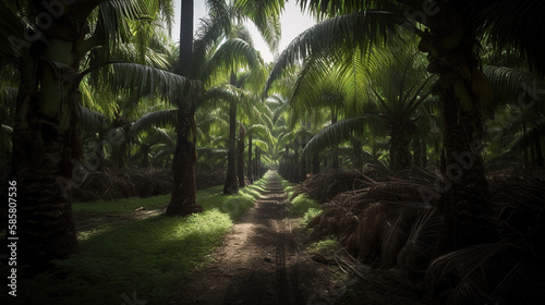 Palm trees in a tropical forest with a road in the middle  Generative AI