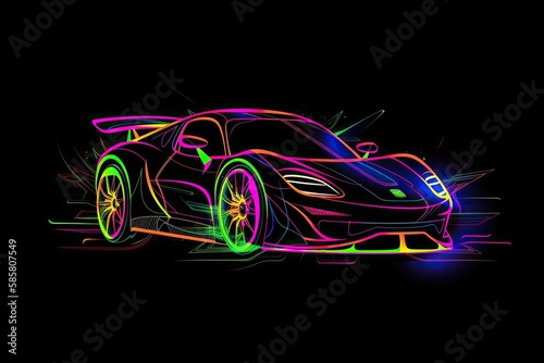 futuristic luxury super car illustration neon lines isolated on black background