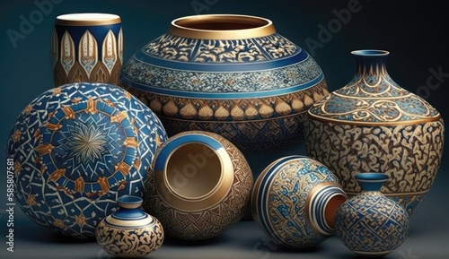 Islamic pottery is a testament to the rich cultural heritage of the Middle East, showcasing the craftsmanship and ingenuity of its artisans. Generated by AI. photo