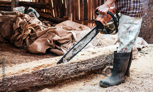 Chainsaw. Close-up of Lumber workers using woodcutter sawing chain saw