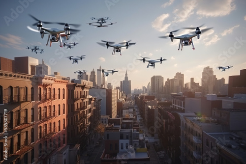 Drone flying over the city. Generative AI