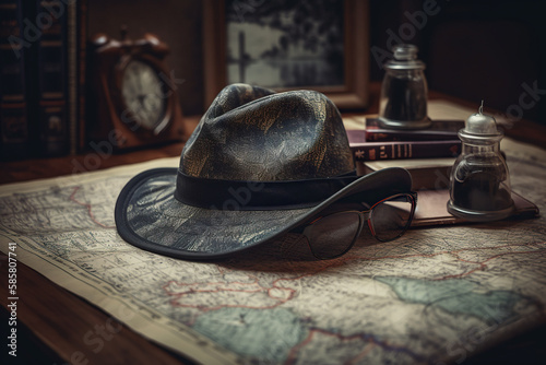 Vintage still life with hat, old map and books. Retro style. Generative AI