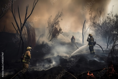 Firefighters extinguish a fire in the forest with smoke and flames, Generative AI
