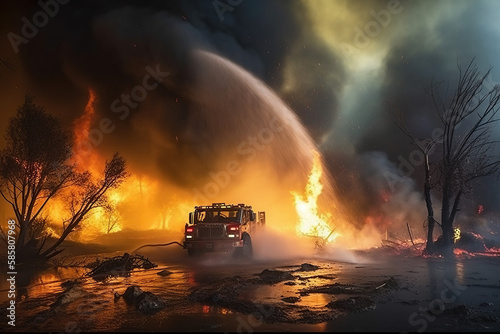Firefighters extinguish a large fire in the forest at night. Generative AI
