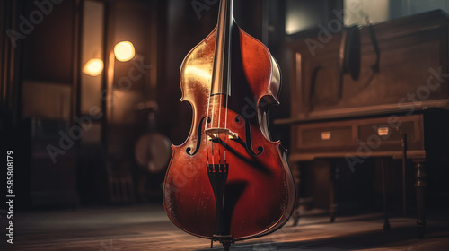 Realistic double bass on a blurred stage background, generative AI.