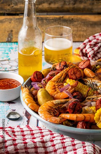 Boiled shrimp on a platter Southern US style. Low country boil.