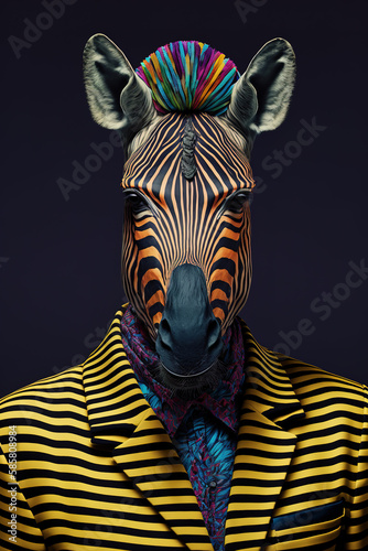 Zebra woman in a colorful suit on isolate background   black and white stripes zebra fashion soot. Creative animal concept. Generative ai