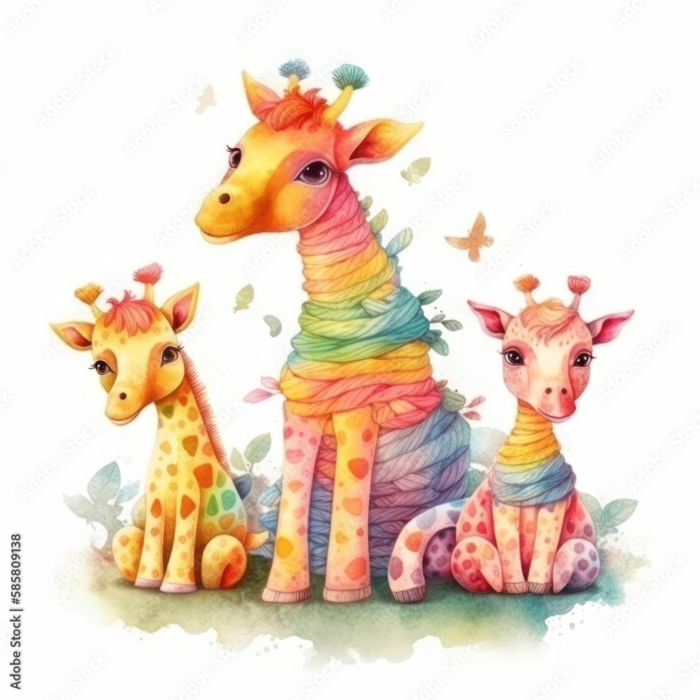 Obraz premium Cute portrait giraffe in cartoon style. Drawing african baby wild face isolated on white background. Watercolor sweet giraffe for kids poster and card. Jungle animal