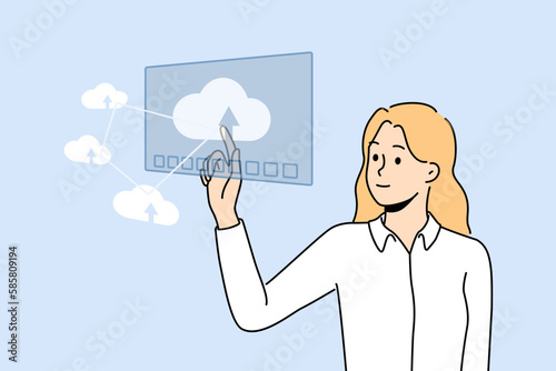 Smiling businesswoman working with cloud computer system. Happy female employee touch icon on digital application. Vector illustration. 