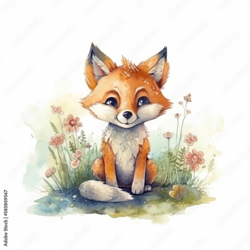 Obraz premium Watercolor forest baby animals. Cute fox, rabbit, berries, flowers. Summer woodland, nature scene, valley. Wildlife creatures