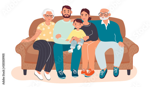 Happy  family of three generations.Mom, dad, grandfather, grandmother and grandson .Smiling relatives sit on the sofa and have fun.Vector flat cartoon illustration isolated on white background.