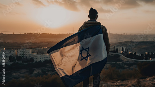 A person with a flag of Israel for Israel Independence Day poster with copy space - Fictional Person, Generative AI photo